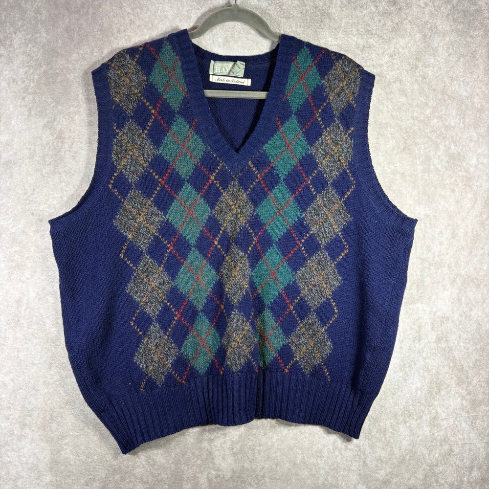 VTG Christopher Hayes Sweater Vest Men XL Blue Argyle 100% Shetland Wool Ireland